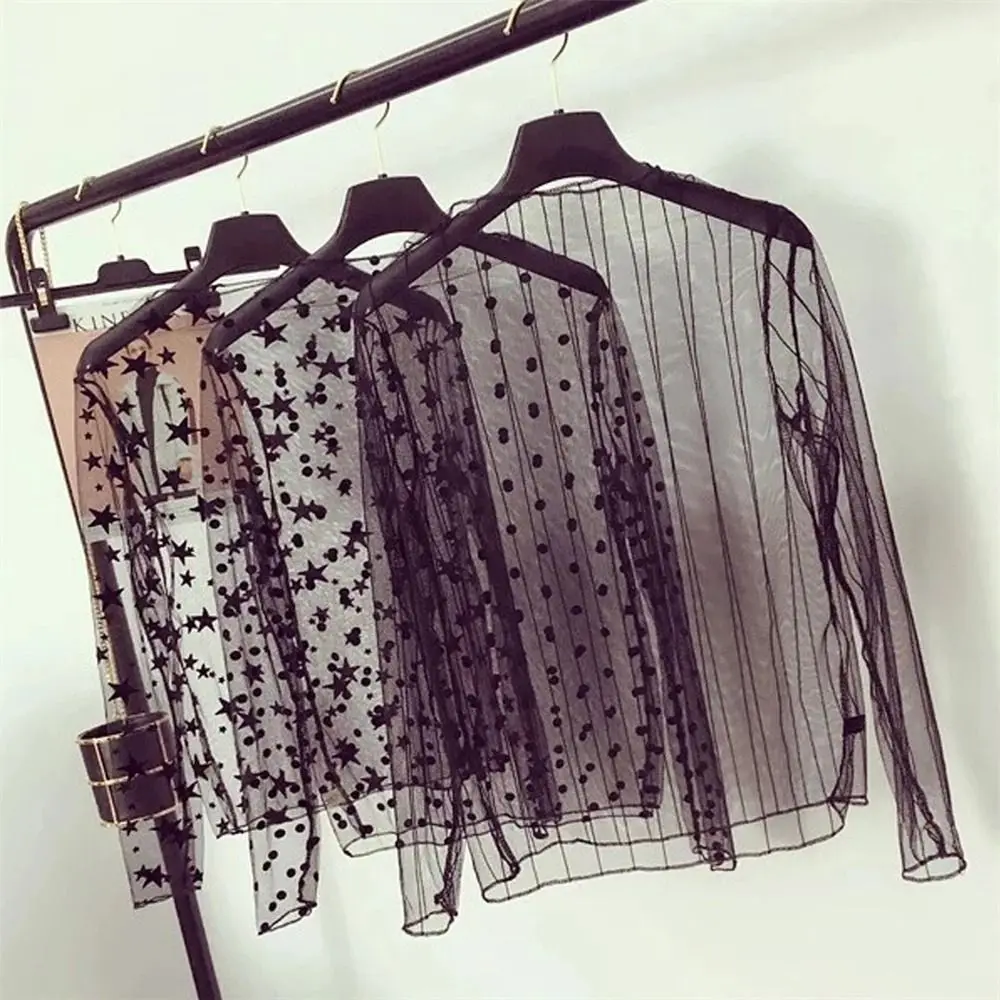 Fashion See-Through Lace T Shirt Long Sleeve Mesh Fishnet Mesh Ladies Tops Sheer Black Blouses Transparent T-shirt Women Girls