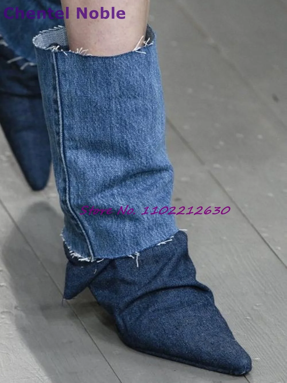 Jeans Boots Pointy Toe Patchwork Thin High Heels Slip On Blue Ankle Boots Fashion Unique Women Shoes Party Catwalk Dress Shoes