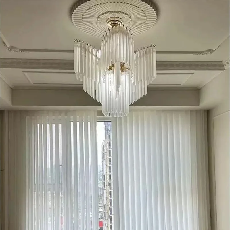 Stylish White Glass Tube Tiered Chandelier with Gold Metal Frame Hanging Pendant Lamp for Dining Room Living Room Decor.