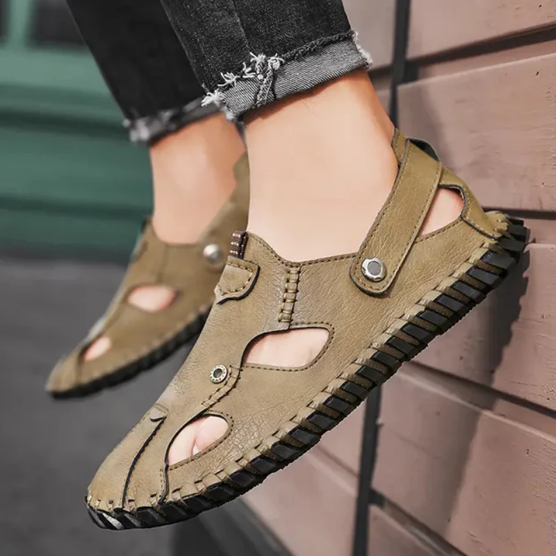 Retro Sewing Men's Sandals Comfortable Solid Color Hollow Slippers Light Weight Large Size Soft Bottom Shoes Sandale Homme image 5