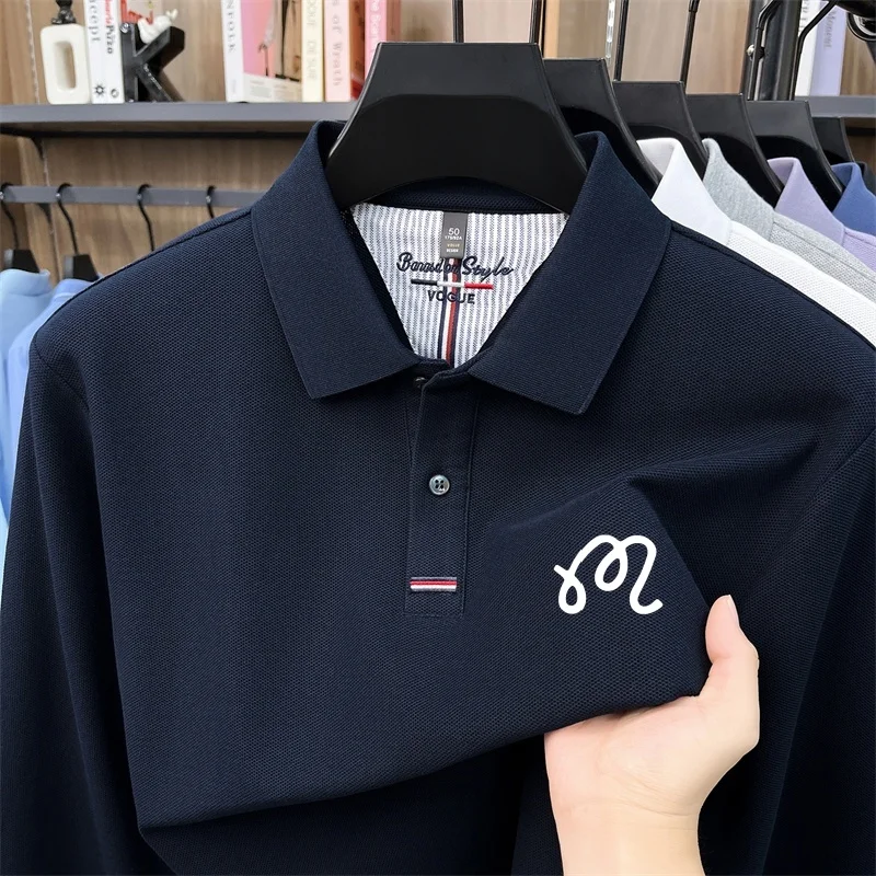 Men's Autumn 100% Cotton Warm Printed Polo Shirt New Skin Friendly Long Sleeved Solid Color Lapel T-Shirt Casual Men's Clothing