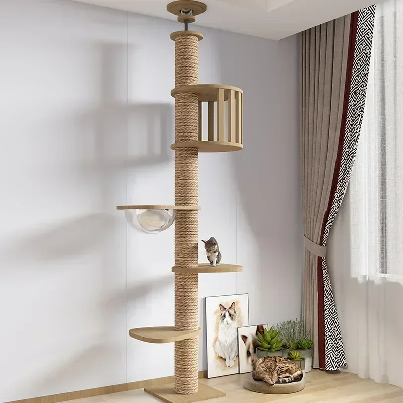 Cat Tower Pillar Tree with Hammock Toy Bed Cat Ceiling Tree Tower Multi-Layer Cat Climbing Frame Tree