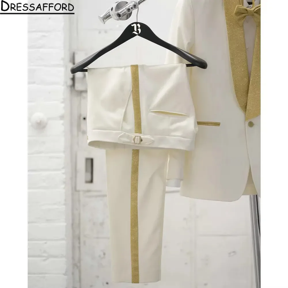 White Simple Men Suits 2 Piece Gold Crystal Fashion Business Casual Wear Party Wedding Groom Tuxedo Jacket Pants