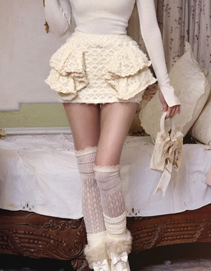Winter New Knitted Lace Ruched Short Skirt Japanese Rojita Sweet Cute Base Furry Skirts Pants Women's Clothing Y2k Warm Culottes
