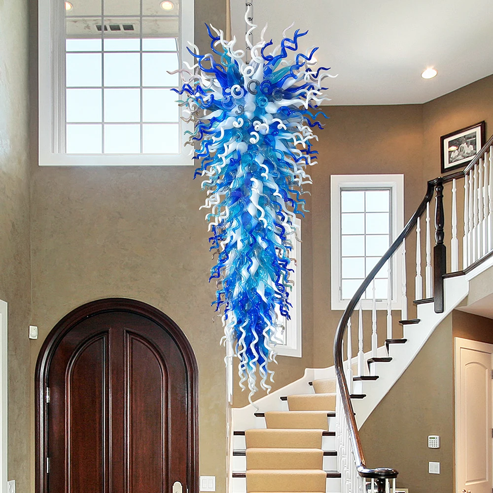 

Giant Chihuly Style Hand Blown Glass Chandelier Lamps Blue And White Shade Colors Cone Shape Long Staircase Chandeliers