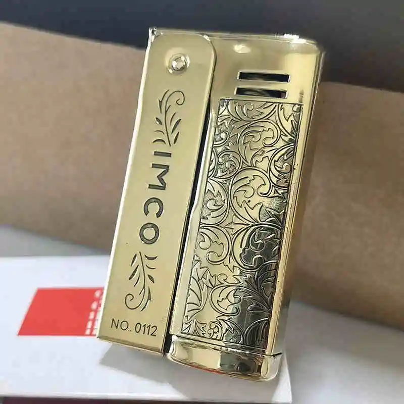 Vintage Austrian Imco Gasoline Lighter 6800 6600 Brass Kerosene Lighter Double-Sided Carved Tang Grass Flower Men\'S Gift