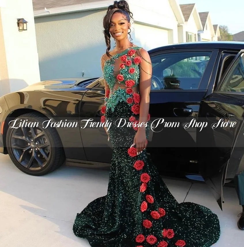 Custom 3D Floral Embroidery Prom Dress Hunter Green One Shoulder Sleeve Inlaid Sequin Applique African Bridal Dresses gala