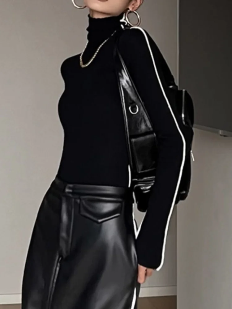 

Simplicity Long Sleeved TopsFashion High Neck T-shirt Women Autumn Winter Trendy Color Blocking Slim Fit Tops Female Base