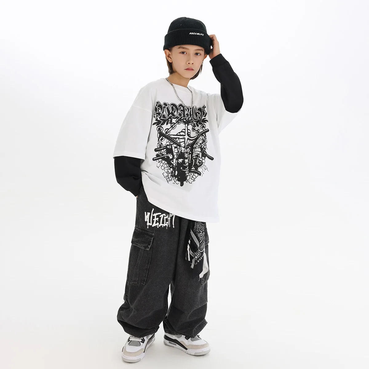 2025 novos meninos trajes de dança jazz solto impressão camiseta jeans crianças dança rua hip hop dança grupos trajes palco dn21859