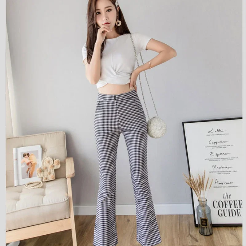 

Fashion High Waist Pants Spring Summer Elegant Pants Ladies Plaid Button Front Row Ladies Micro Flare Pants Casual Streetwear