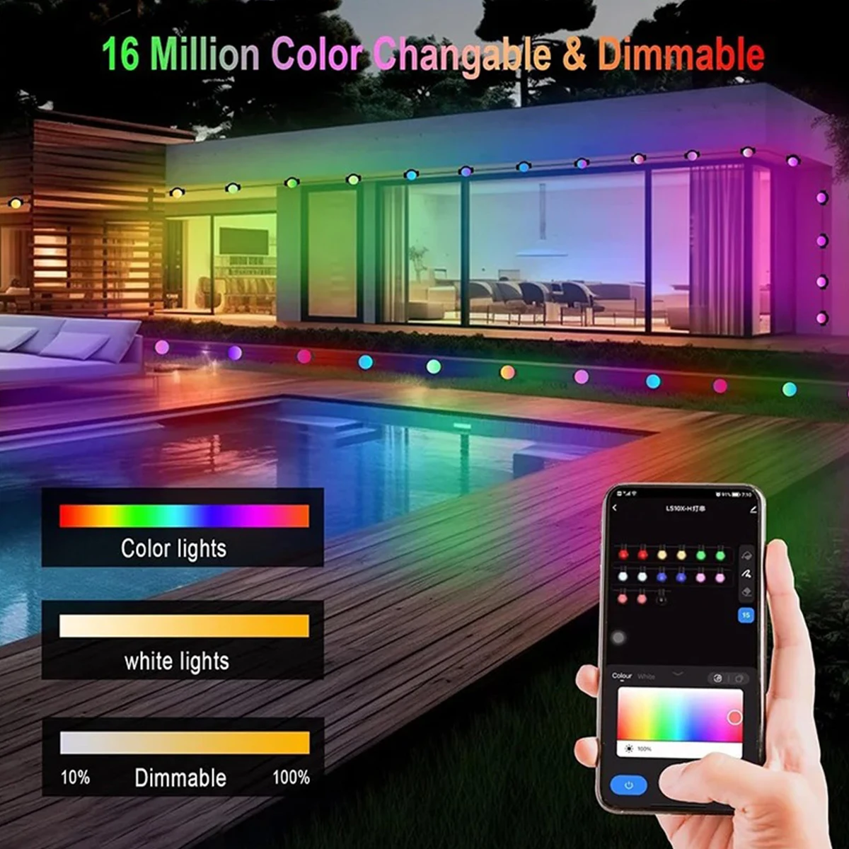 Bluetooth/WIFI Eaves Lights Holiday Home 24V/5V RGB Control Smart Waterproof US Plug Dimmable Lighting String Strings Remote LED