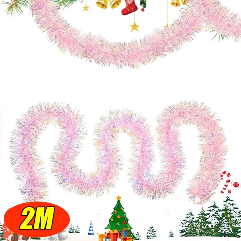 Metallische Lametta-Girlande, Regenbogenfarben, rosa Weihnachtsgirlande, glänzende dekorative Schnur für Baum, Urlaub, Party-Dekoration