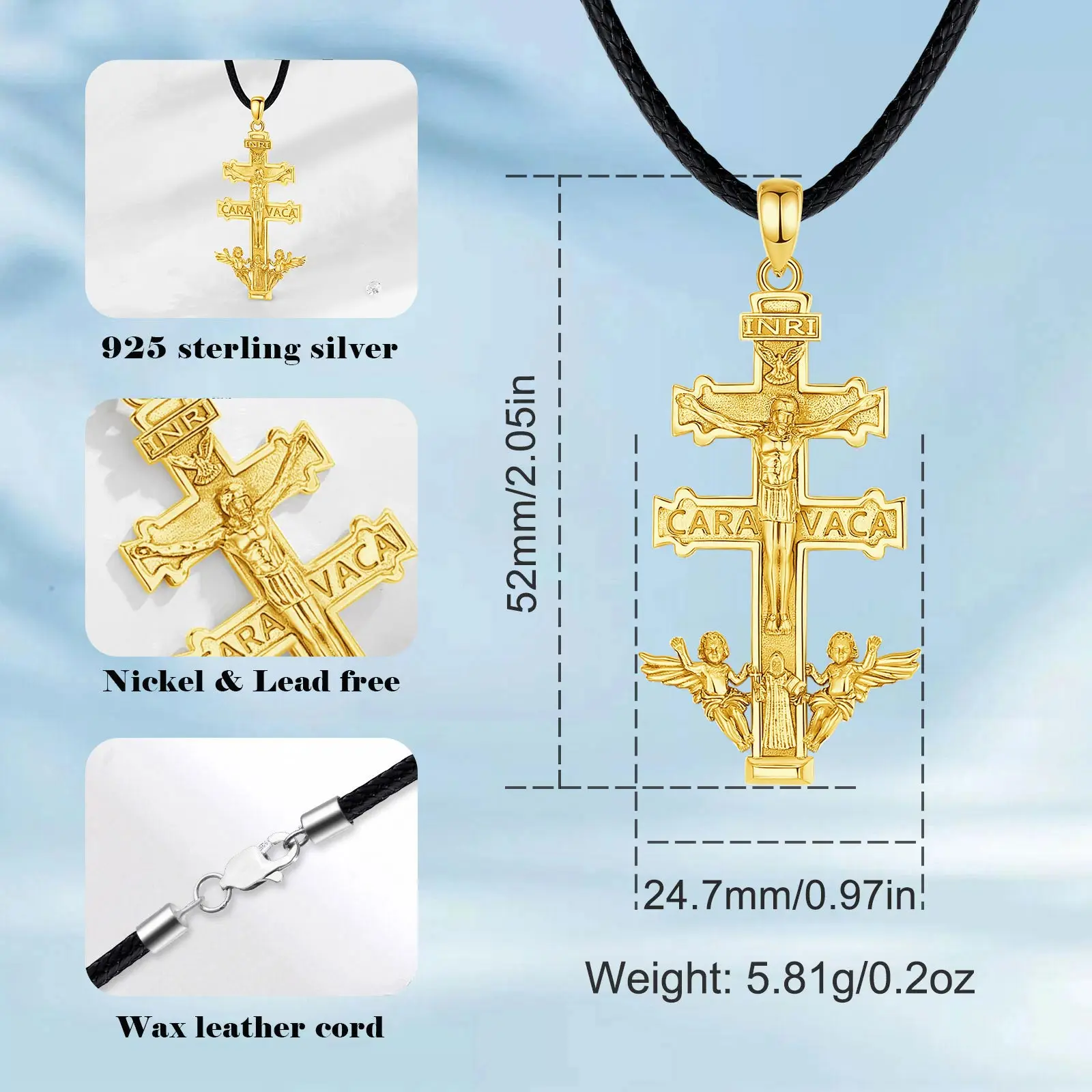 Eudora 925 Sterling Silver Caravaca Cross Jesus Necklace 18K Gold Angel Amulet Pendant Christian Jewelry Men Personality Gift