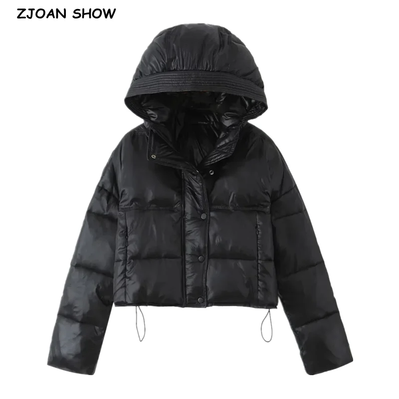 Black White Winter Open Zipper Crop Hooded Bread Parka Coat Women Elastic Drawstring Quilted Stay Warm Loose Short Outerwear