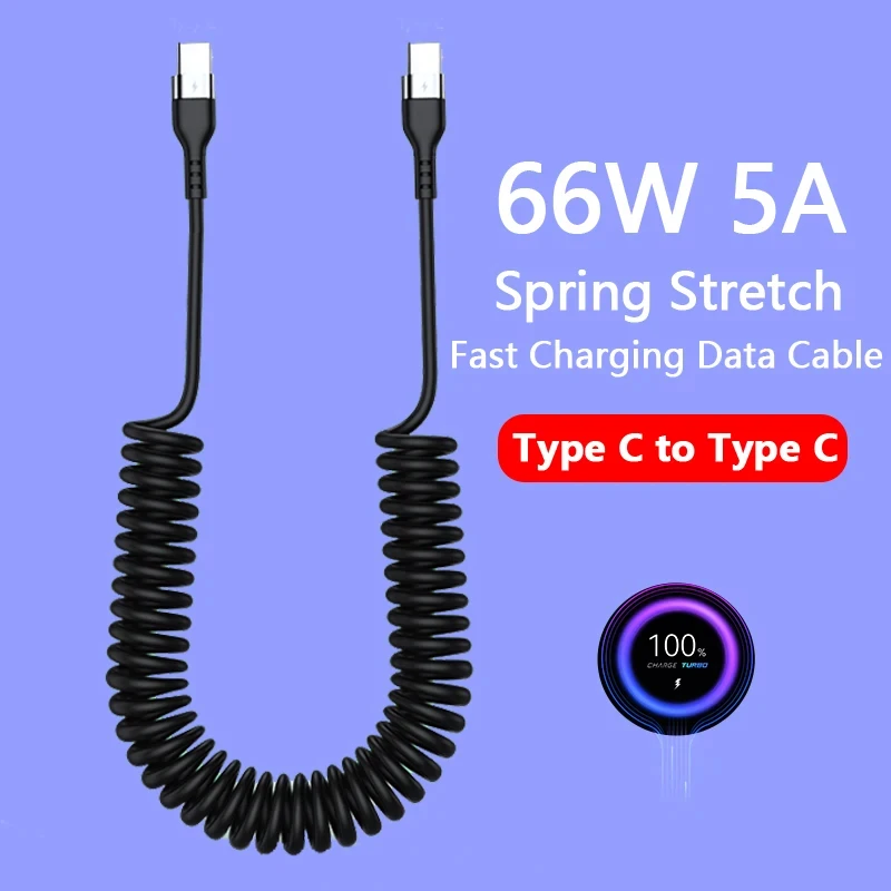 66W 5A USB Type C Spring Car Fast Charging Cable For Xiaomi Redmi Huawei Type C To Type C Data Cord For iPhone 15 Usb c Cable