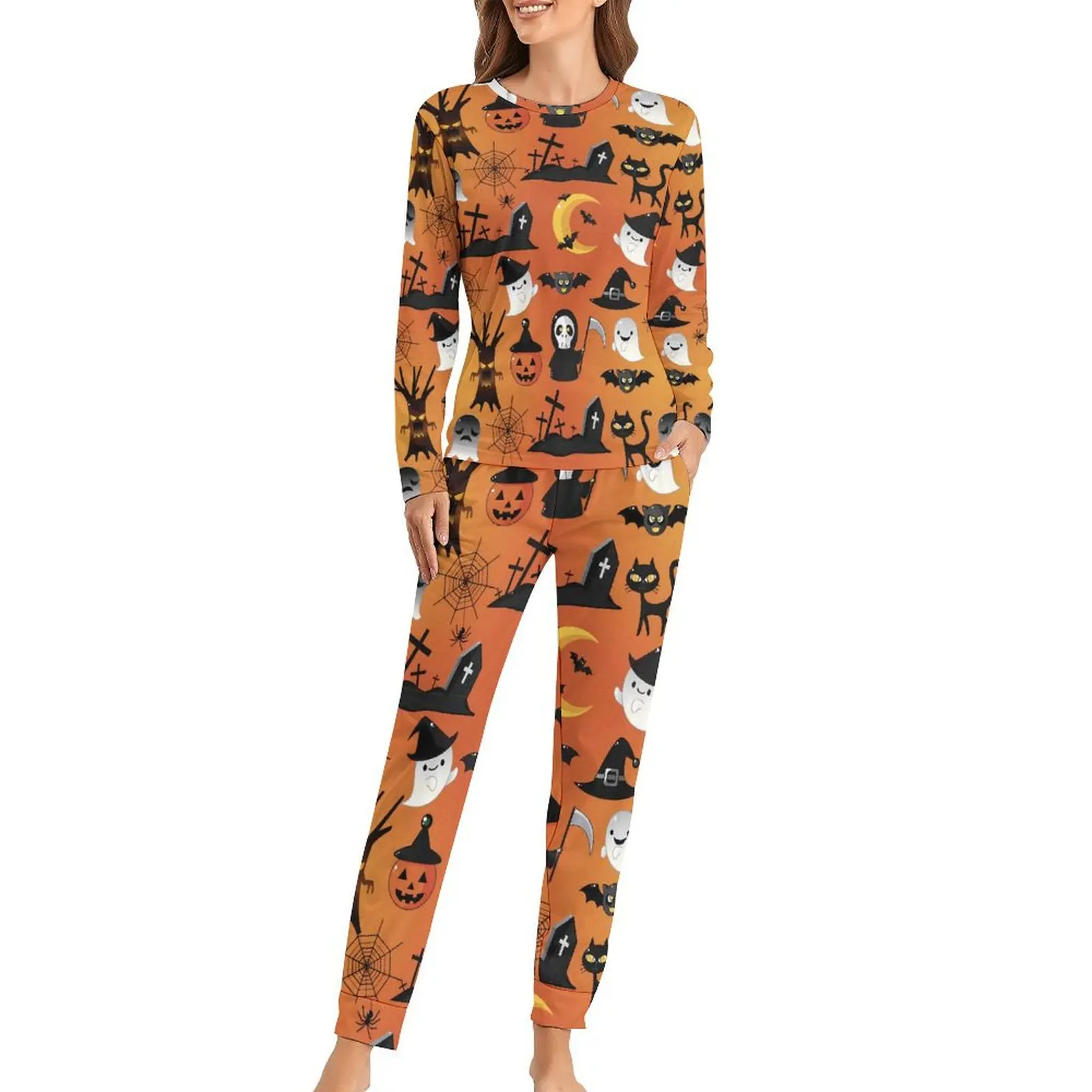 Happy Haunts Pajamas Womens Cartoon Halloween Kawaii Nightwear Autumn Two Piece Casual Loose Oversized Pajama Sets