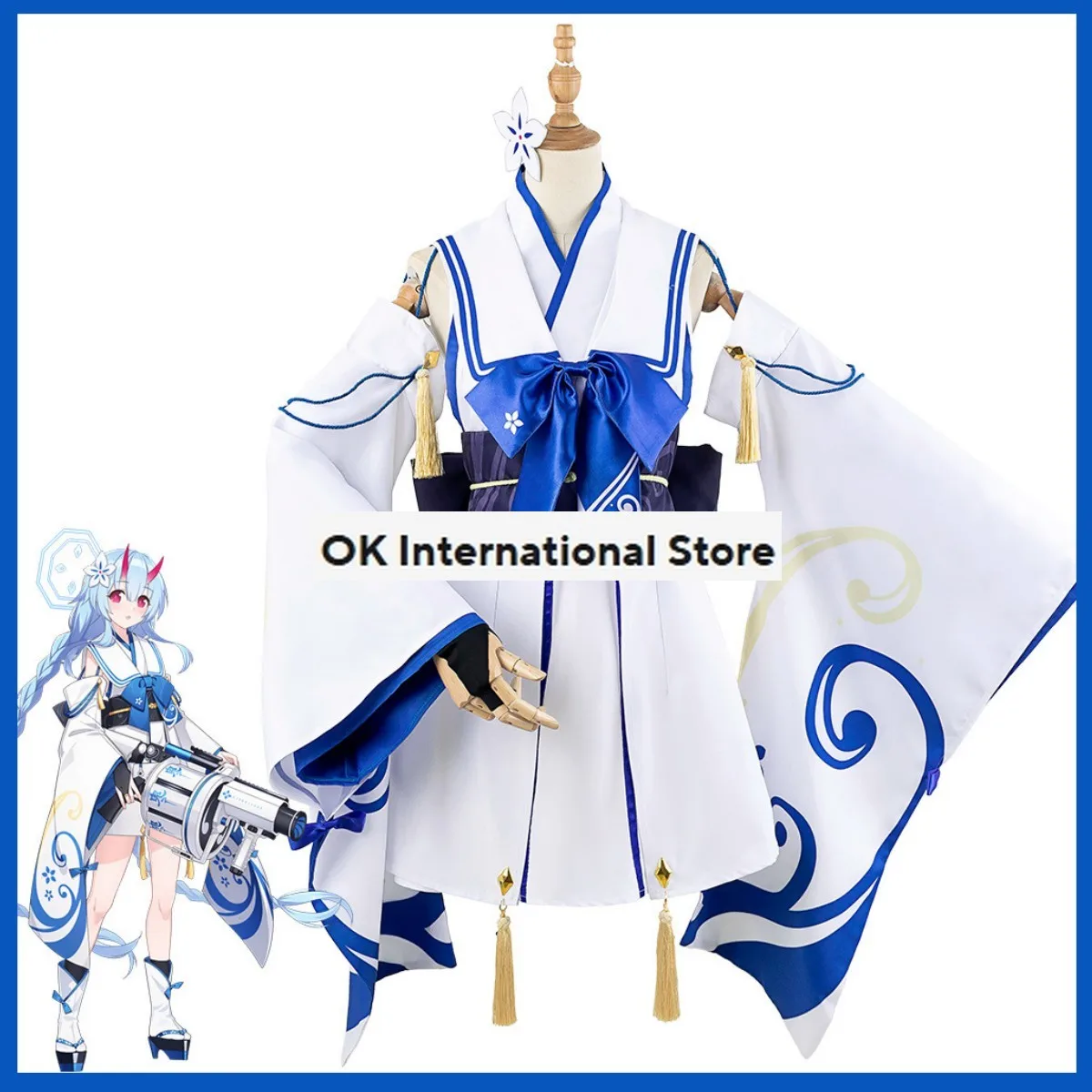 Disfraz de Anime Game Blue Archive Waraku Chise para mujer, peluca Kimono azul japonés, falda Lolita, encantador traje de fiesta de Halloween