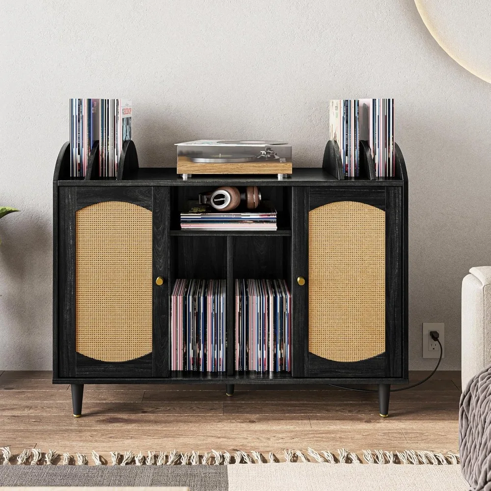 

-Century Record Player Stand, Vinyl Record Storage Cabinet Holds up to 350+ Albums, Rattern Decorated Turntable Stand with Power