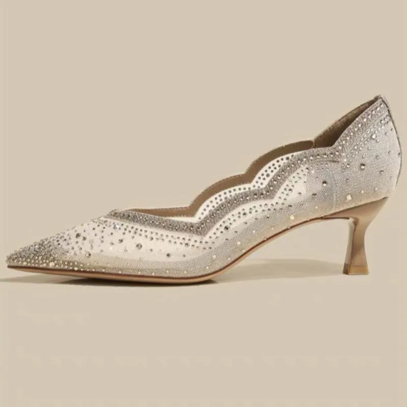 الفاخرة شبكة مرصعة بأحجار الراين مثير عالية الكعب للنساء تنفس تصميم الأزياء صندل أنيق أشار تو مضخة مأدبة أحذية الزفاف