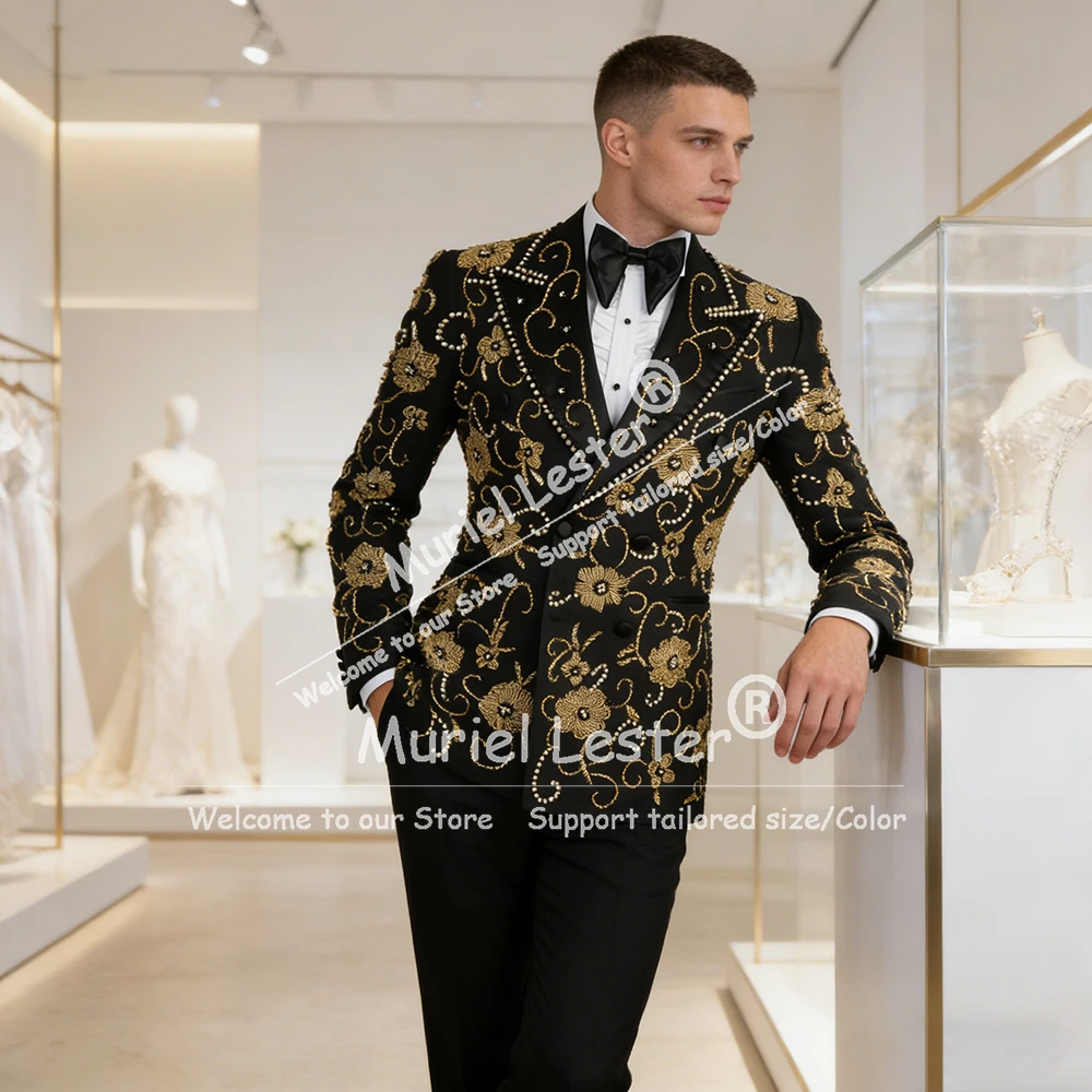 

Индивидуальные костюмы с кристаллами из бисера, мужские свадебные двубортные пиджаки, брюки, комплект из 2 предметов, смокинги для банкета жениха, наряды, блейзеры