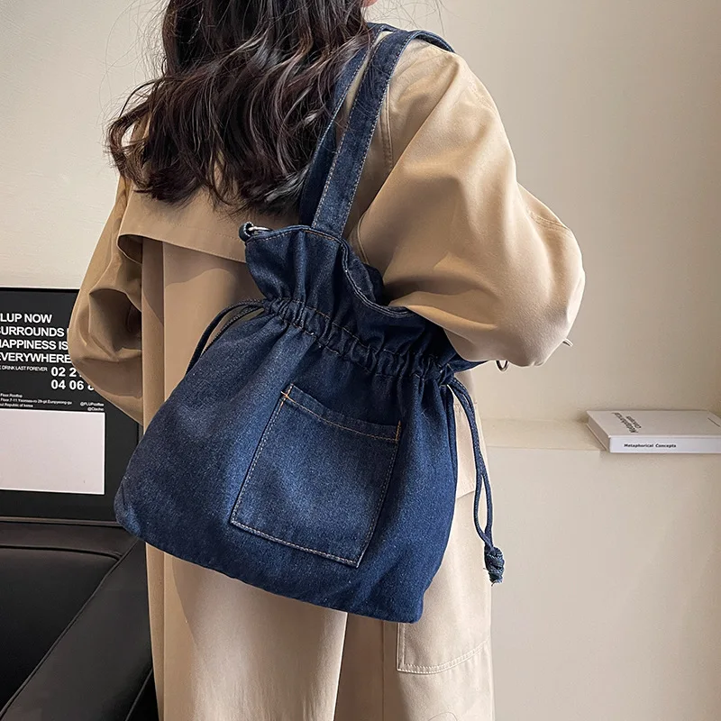 Fashion Denim Women Bucket Shoulder Bag High Capacity Female Crossbody Bags Ruffled Denim Under Arm Bag for Women