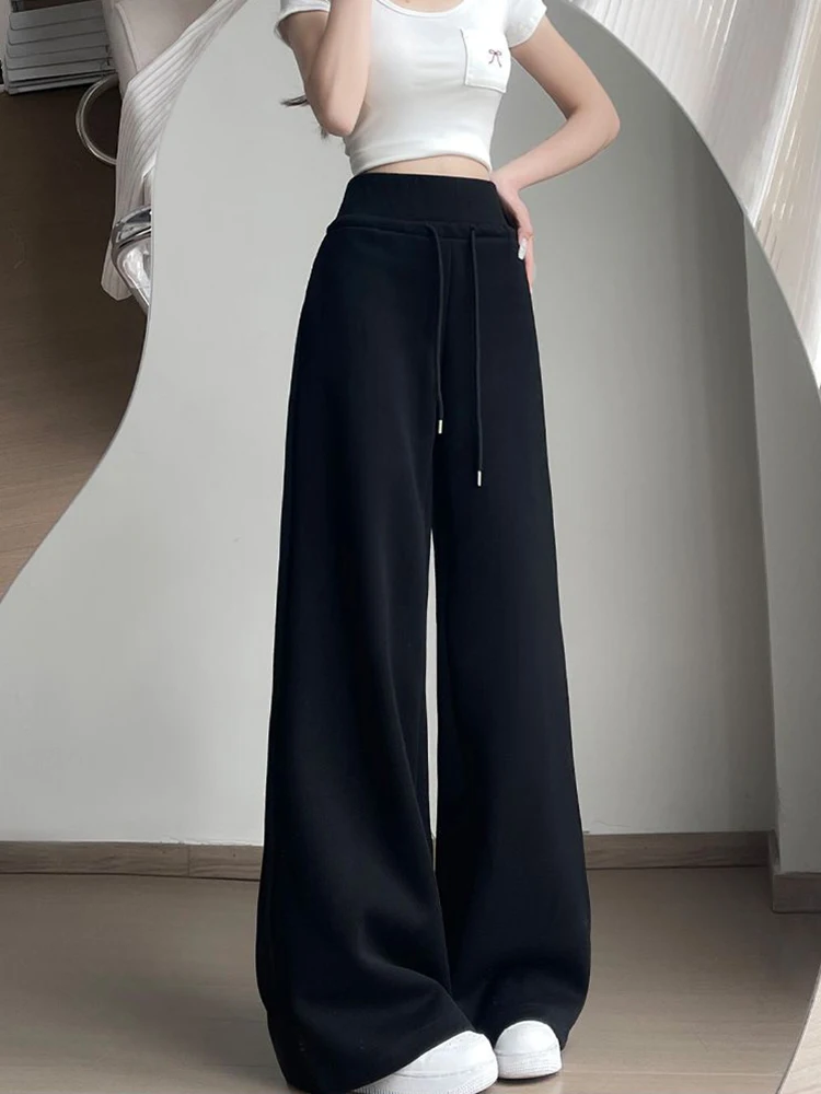 المرأة عادية فضفاض Sweatpants خمر الكورية عالية الخصر الدانتيل يصل بنطلون مستقيم خريف جديد أنثى بسيطة الصلبة بنطال ذو قصة أرجل واسعة