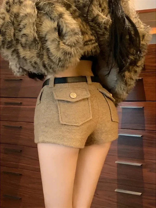 

plus Size Autumn Winter American Hot Girl A-Line Boot Pants Women's Low Waist Sheepskin Shorts High Waist Lengthening Hot Shorts