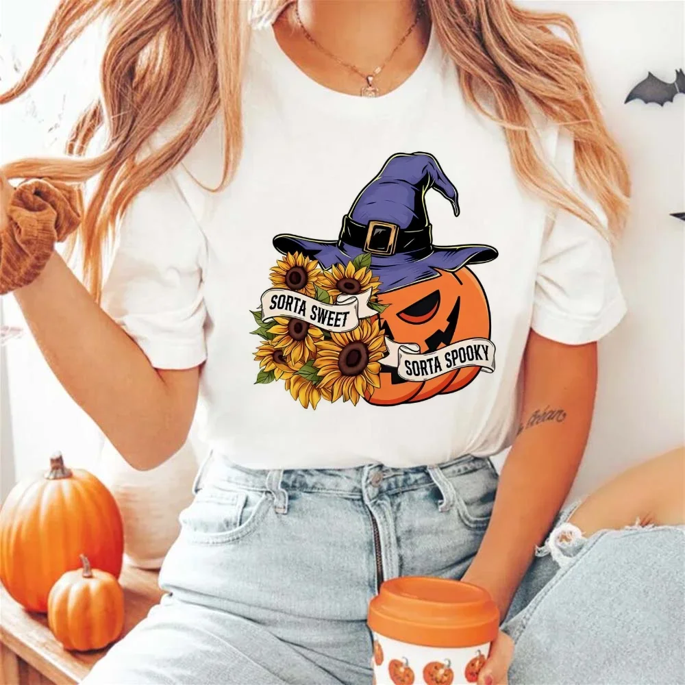 Fashion Sorta Sweet Sorta Spooky Witchy Pumpkin Printed Fun Pattern Women's Casual Style Clothing Printed Top Loose T-Shirt