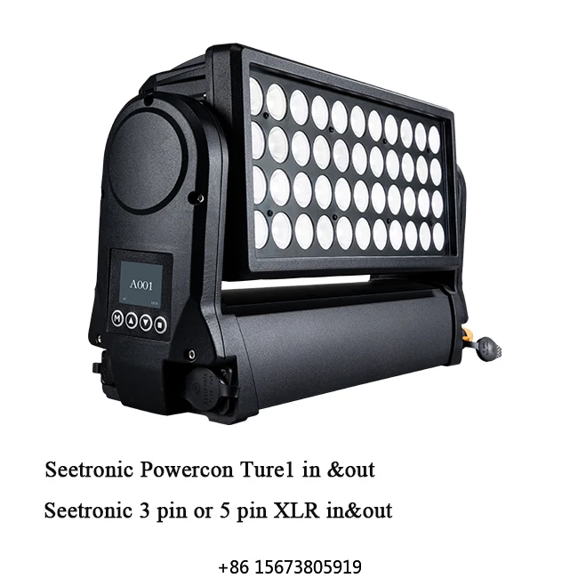 

Уличный светодиодный прожектор RGBW с подвижной головкой, углом луча 25/35°, наклоном 185°, управлением DMX512, класс защиты IP65, для сцены и баров