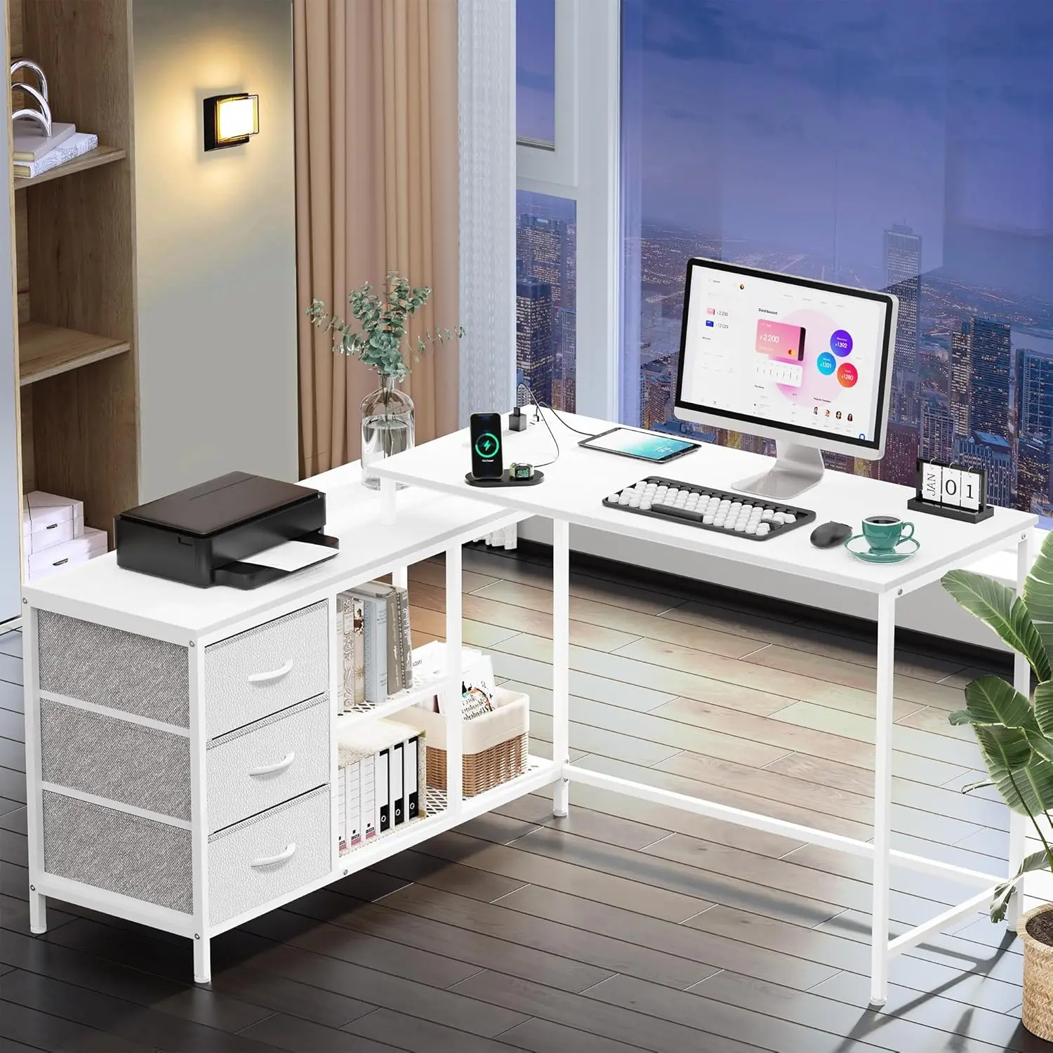 

Shaped Power Outlets, Computer Drawers & Shelves, Corner Gaming Desk Home Office White