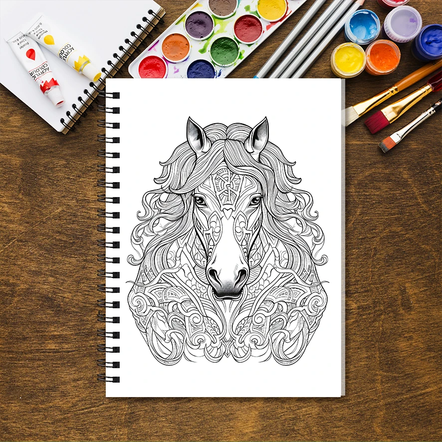 Coloring Book - 8.3 x 11.2 inches 32 pages Flowers and Horses Coloring Book - Ideal gift for family or friends