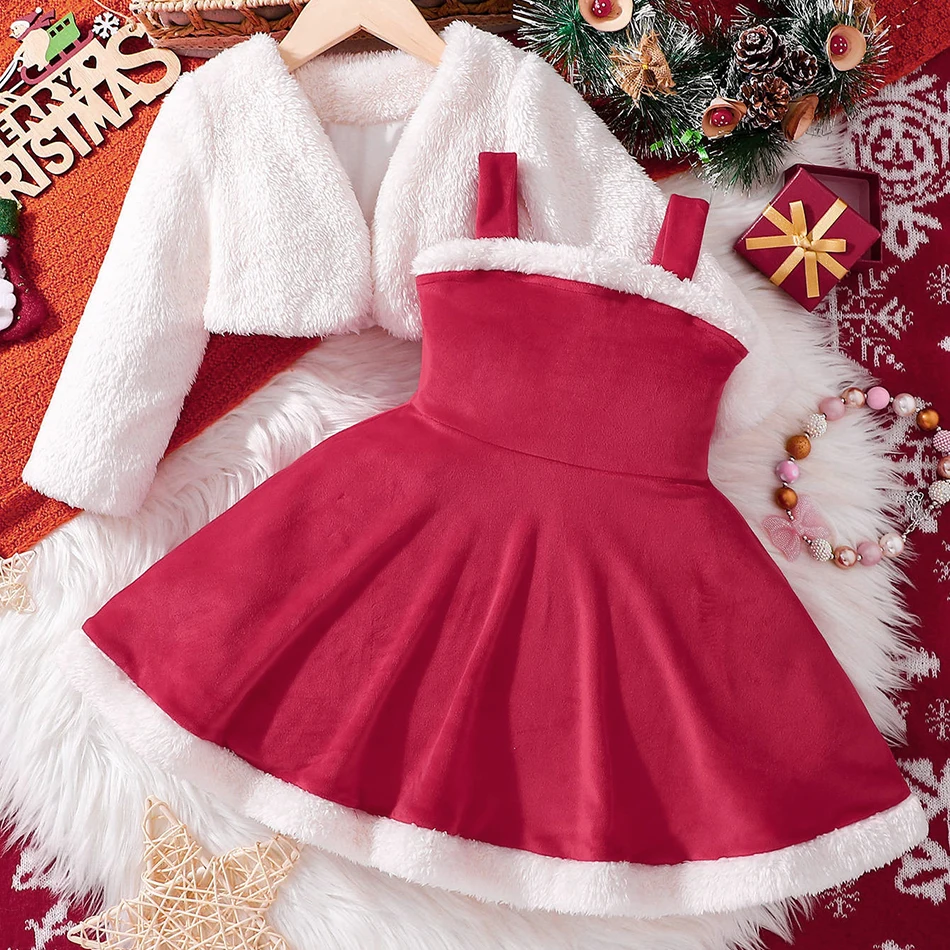 

2 Pcs Autumn Winter Kids Clothes Girls Coat Velvet Slip Dress Sets Baby Girl Christmas Party Tops Dresses Set Child Warm Suit