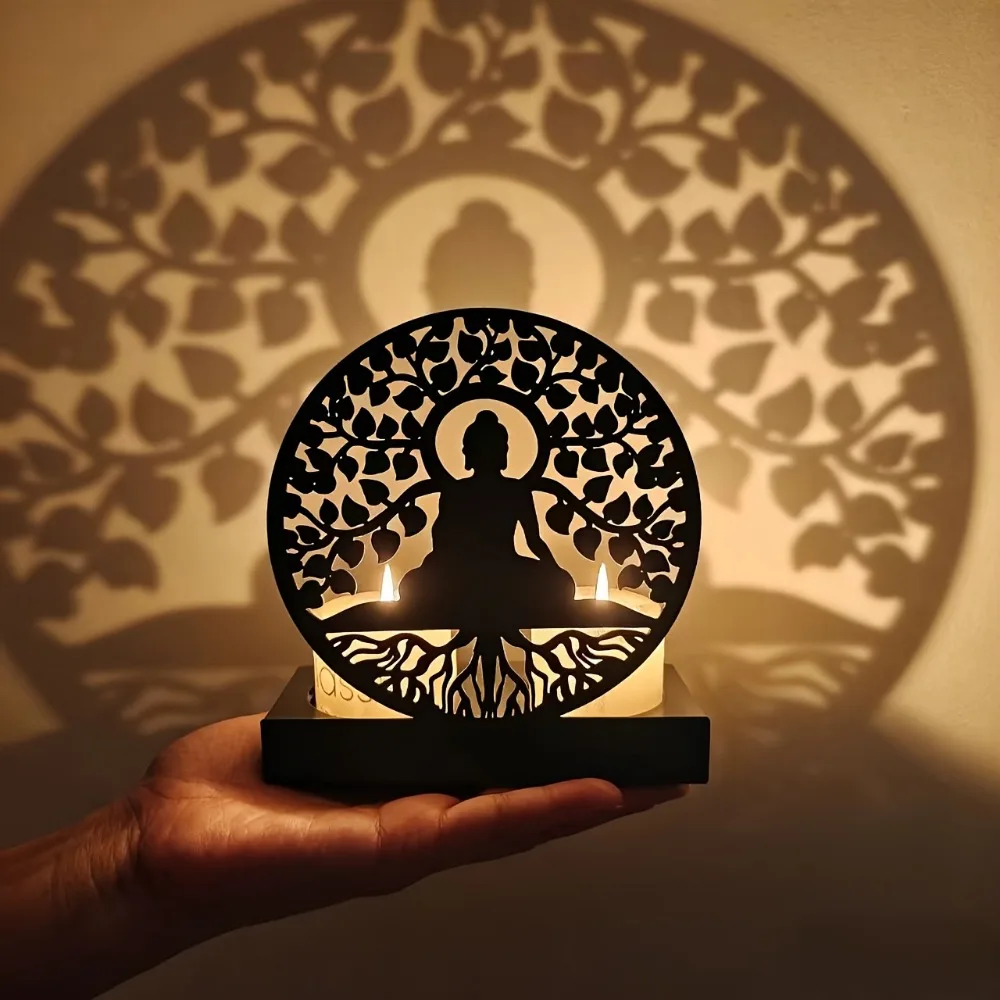 CIFBUY Iron Candle Holder Buddha Bodhi Tree Laser Cut Metal Sculpture Zen Meditation Decor For Home Altar Gift