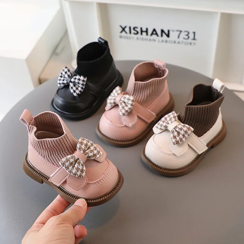 Girls Ankle Boots Fashion Princess PU Leather Rubber Outsole Children\'s Short Boots Autumn Pink with Bow Sock Shoes