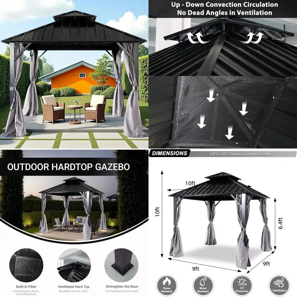 

10 X 10 FT Heavy Duty Hardtop Gazebo, Aluminum Frame Permanent Pavilion with Double Roof, Netting & Curtains, All-Weather Outdoo