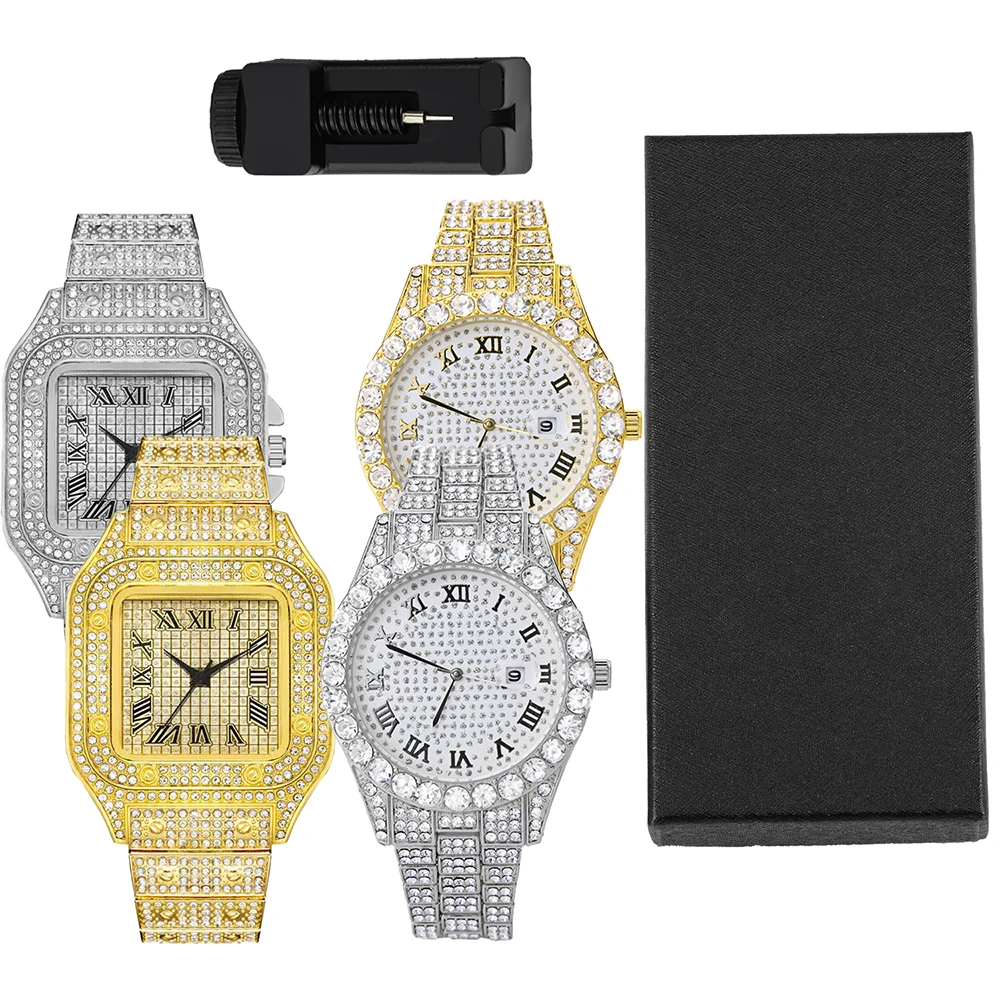 Reloj de cuarzo Punk de Hip-hop, elegante reloj lleno de diamantes, 2 estilos para elegir, ajustador de tamaño incluido, caja de regalo de joyería de fiesta para hombres y mujeres