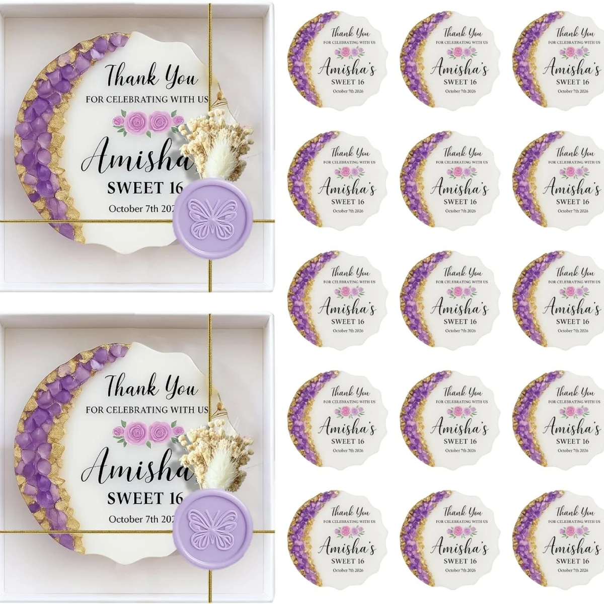 Personalized Quinceañera Butterfly Party Favors, Custom Sweet 15 and Sweet 16 Epoxy Magnet Keepsakes, Quinceañera Gifts (25 pcs
