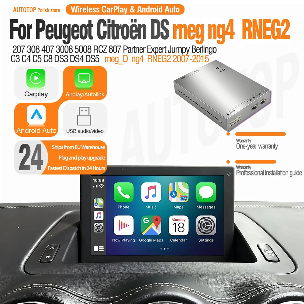 AUTOTOP Bezprzewodowy CarPlay Android Auto dla Peugeot Citroen DS rneg ng4 RNEG2 207 308 5008 508 Mirror Link Multimedia Moduł Samochodowy