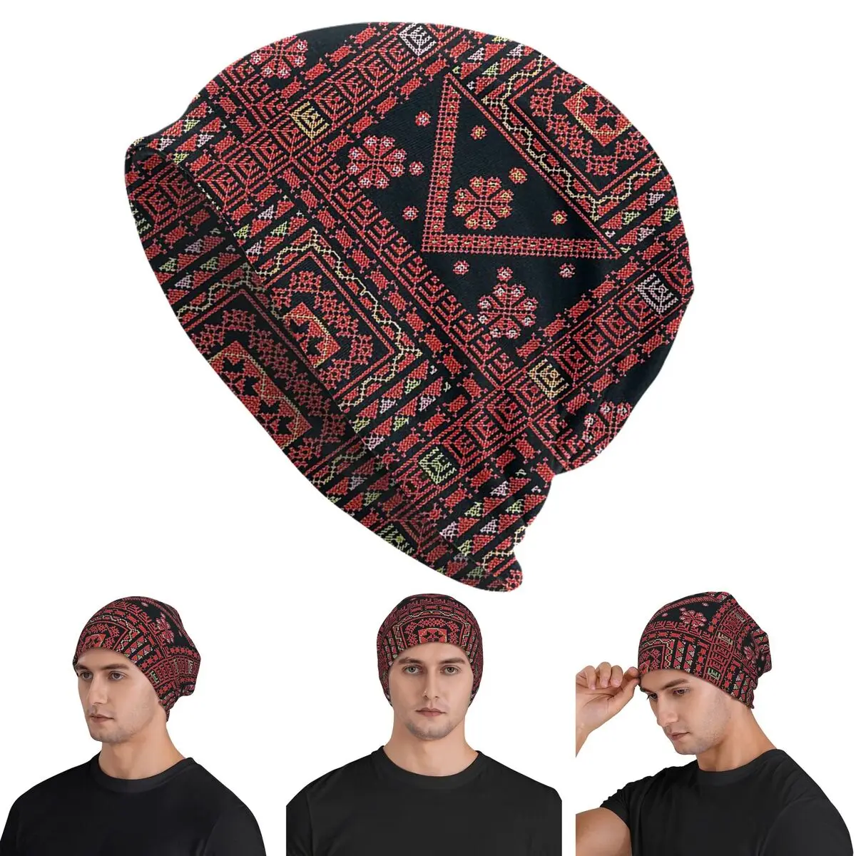 Three Flowers Palestinian Embroidery Warm Knitted Cap Fashion Bonnet Hat Autumn Winter Outdoor Beanies Hats for Unisex Adult