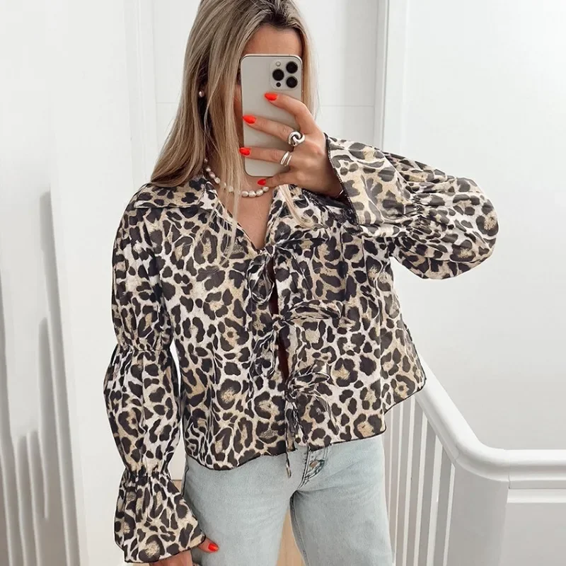 

Talenza Leopard Print Shirt Women's Bow Tie Top Women's Long Sleeve Shirt Slim Casual Fashion Versatile Street Women's Top Shirt