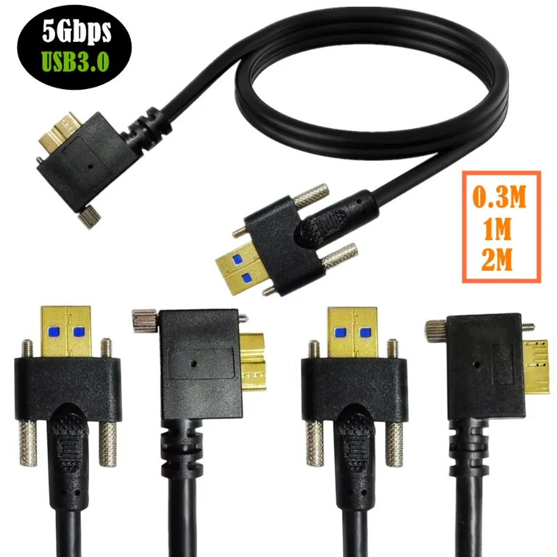 USB 3.0 A macho para Micro B macho, Ambos com Dual M3 Parafuso Locking Cable, Data Sync e cabo de carregamento, 0.3m 1m 2m