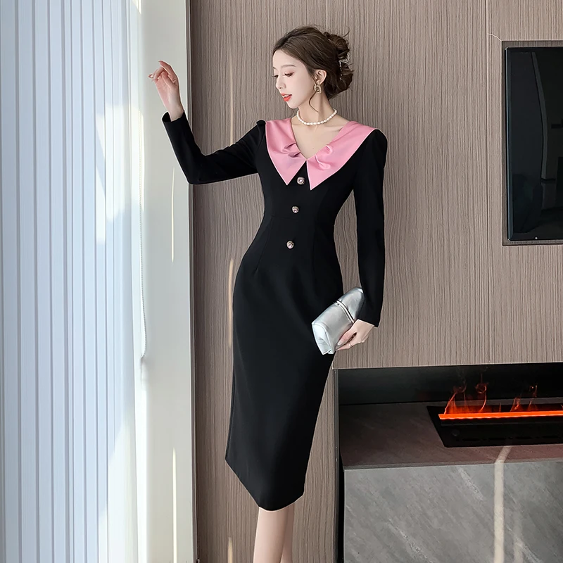 

Elegant Evening Party Midi Dresses for Women Spring New Korean Vintage Turn-down Collar Bodycon Black Patchwork Female Clothing