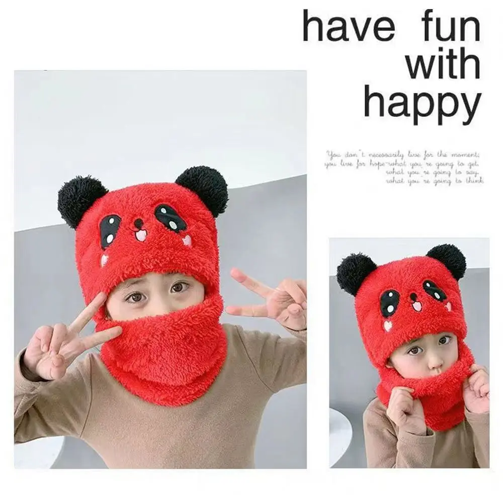 Fashion Cartoon Panda Coral Velvet Cap Fleece Balaclava Baby Scarf Hat Plush Kids Caps Boys Girls