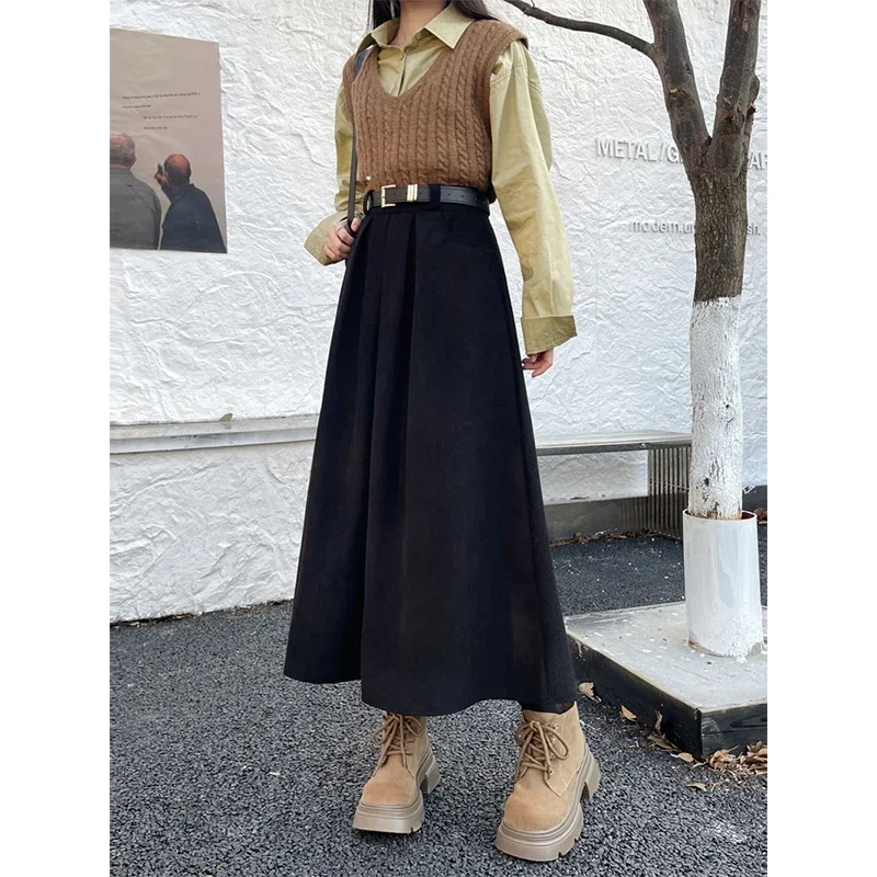 Vintage Belt Corduroy Midi Skirts Women Streetwear Black High Waist Pleated Skirt Winter Ladies Korean All Match A Line Faldas