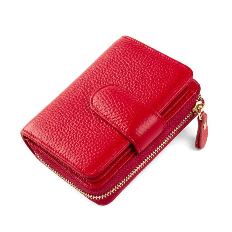 Women's Wallet Cowhide Short Fashion RFID Buckle Zipper Coin Purse Ladies Card Holder Bag For Woman