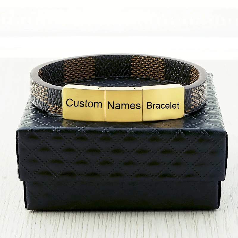 Custom Family Names Bracelet for Men 3 Piece Stainless Steel Magnet Patchwork Braided Leather Cord Personalized Bangle Mens Gift