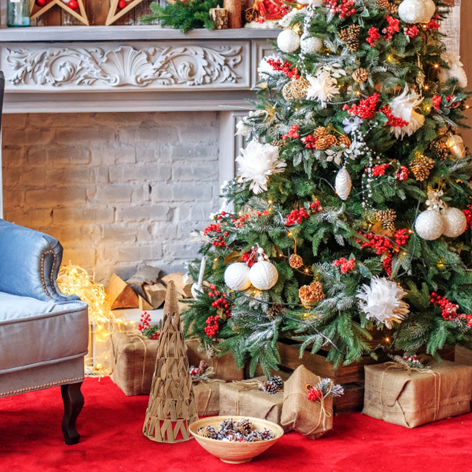 

Handmade Rattan Christmas Tree Decor - Boho Table Centerpiece for Mantel Farmhouse Holiday Home Winter Seasonal Display