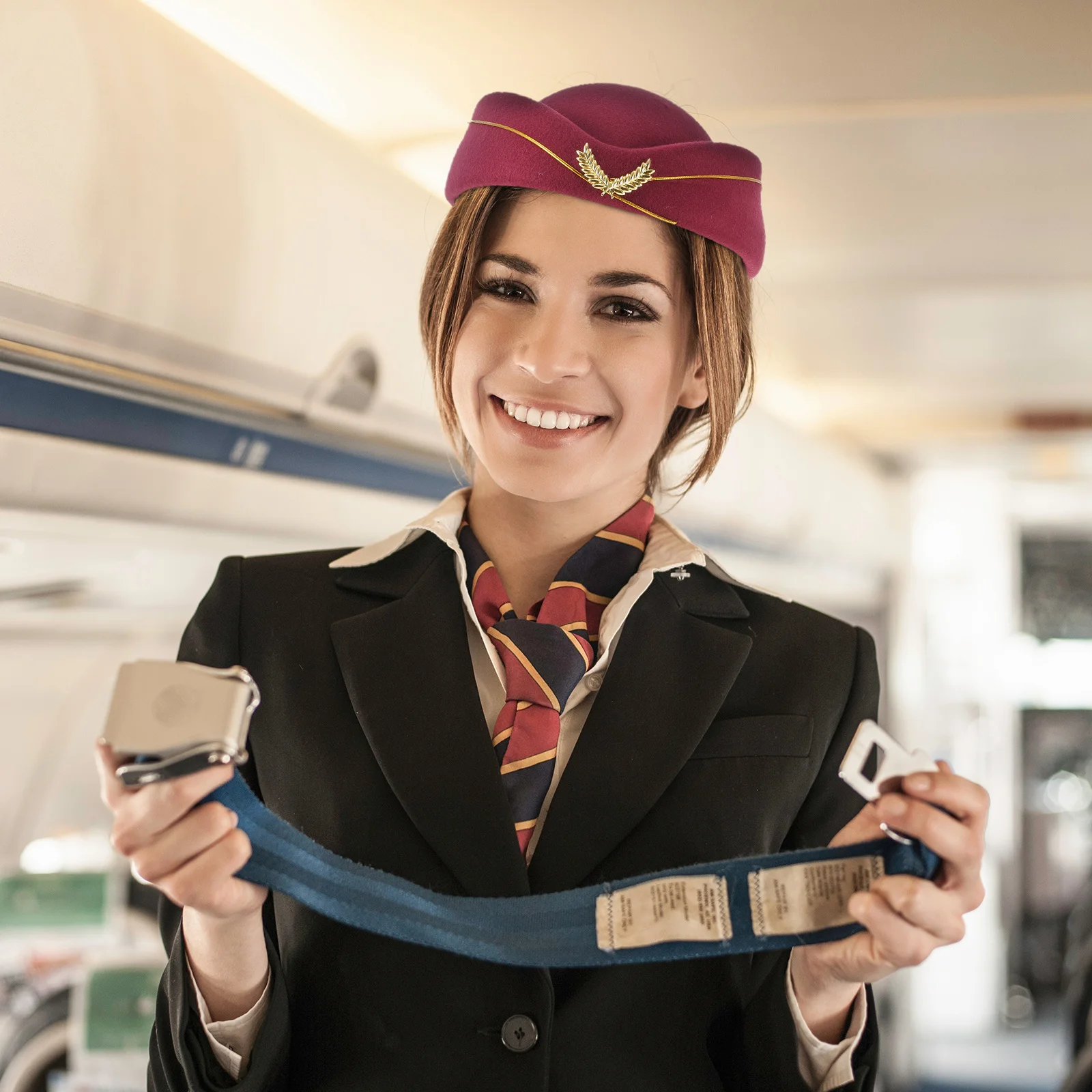 หมวกแอร์โฮสเตสหญิง หมวกพนักงานต้อนรับบนเครื่องบิน ชุดคอสเพลย์ งานปาร์ตี้ การแสดงบนเวที ดีไซน์หรูหรา สีสันสดใส ทนทาน ทำจากผ้าขนสัตว์