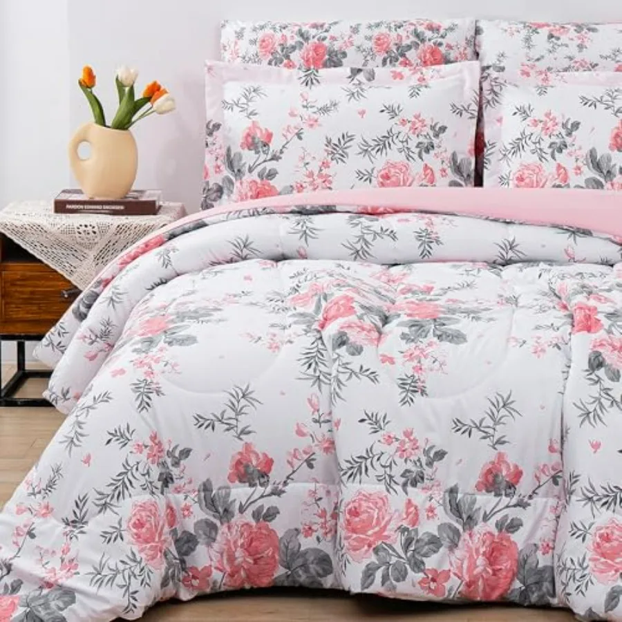 

Floral Comforter Set with Sheets, 7 Pcs Luxury Vintage Bedding, Soft Microfiber Bed in a Bag, Cozy Lightweight Bed Set, Pink Fl