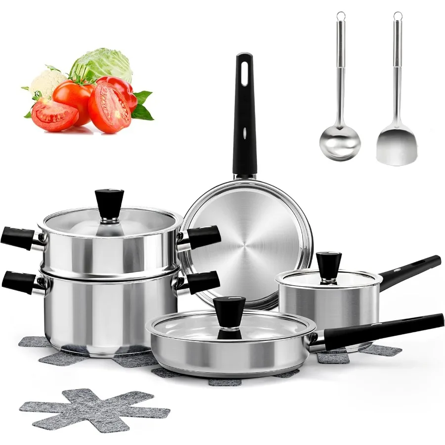

14Piece Stainless Steel Cookware Set with StayCool Handles for Efficient Kitchen Cooking Compatible with Gas Electric and Induc